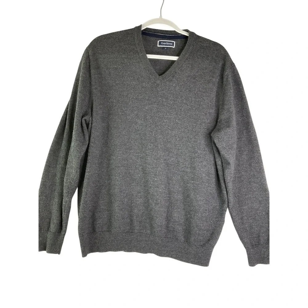 Club Room Mens Merino Wool Pullover Grey V-Neck Sweater Preppy Quiet Luxury XL